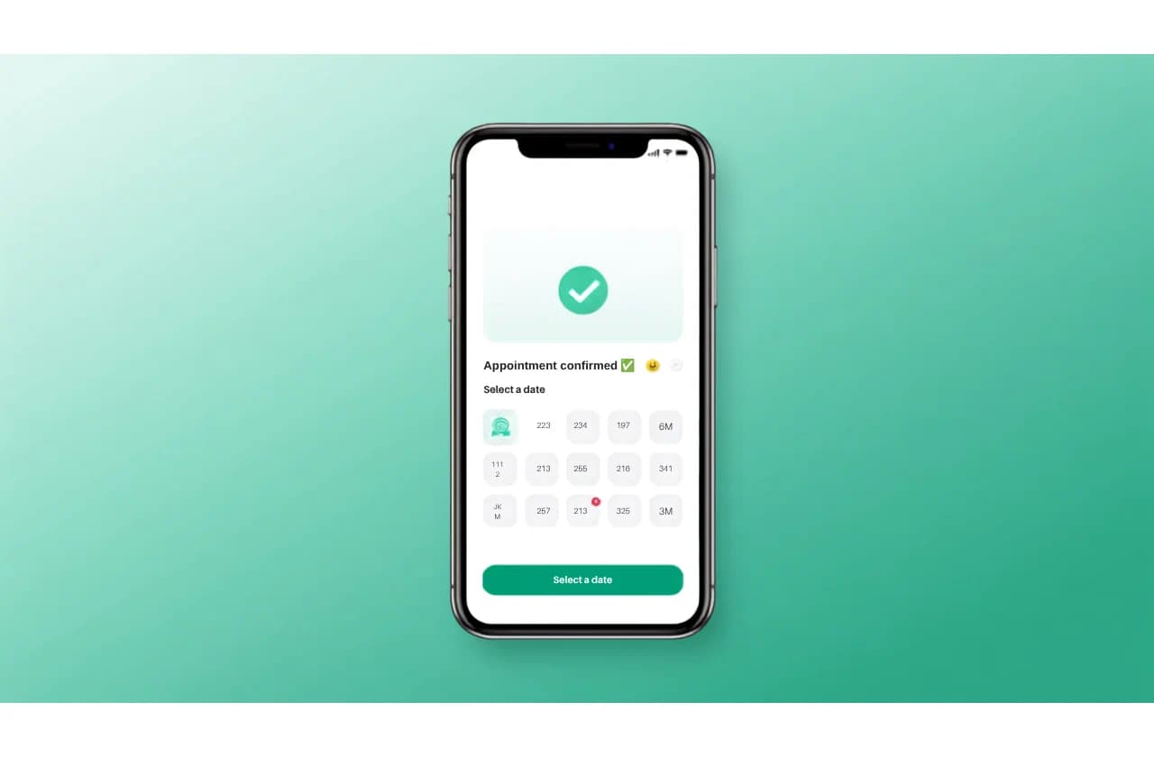 WhatsApp chat showing an appointment booking calendar with available time slots and a confirmation