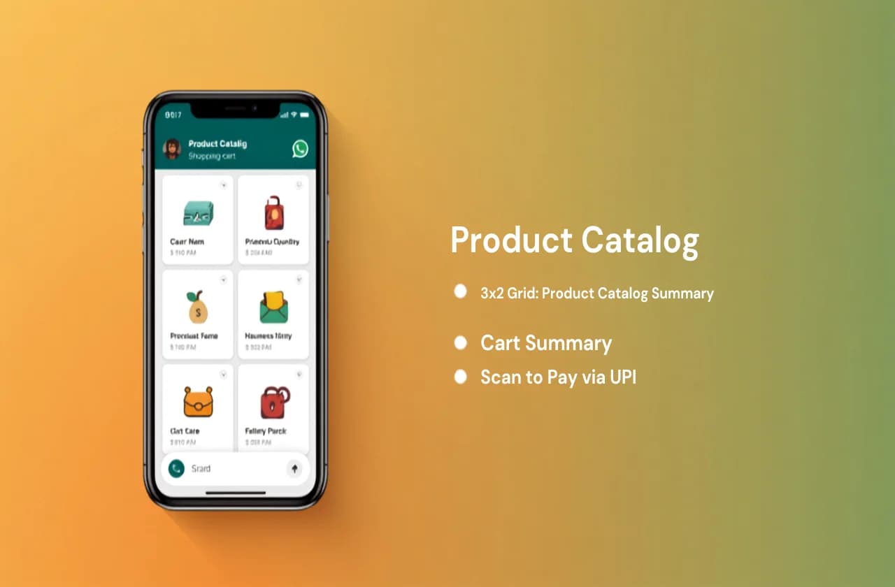 WhatsApp chat showing a product catalog, shopping cart and UPI payment QR code
