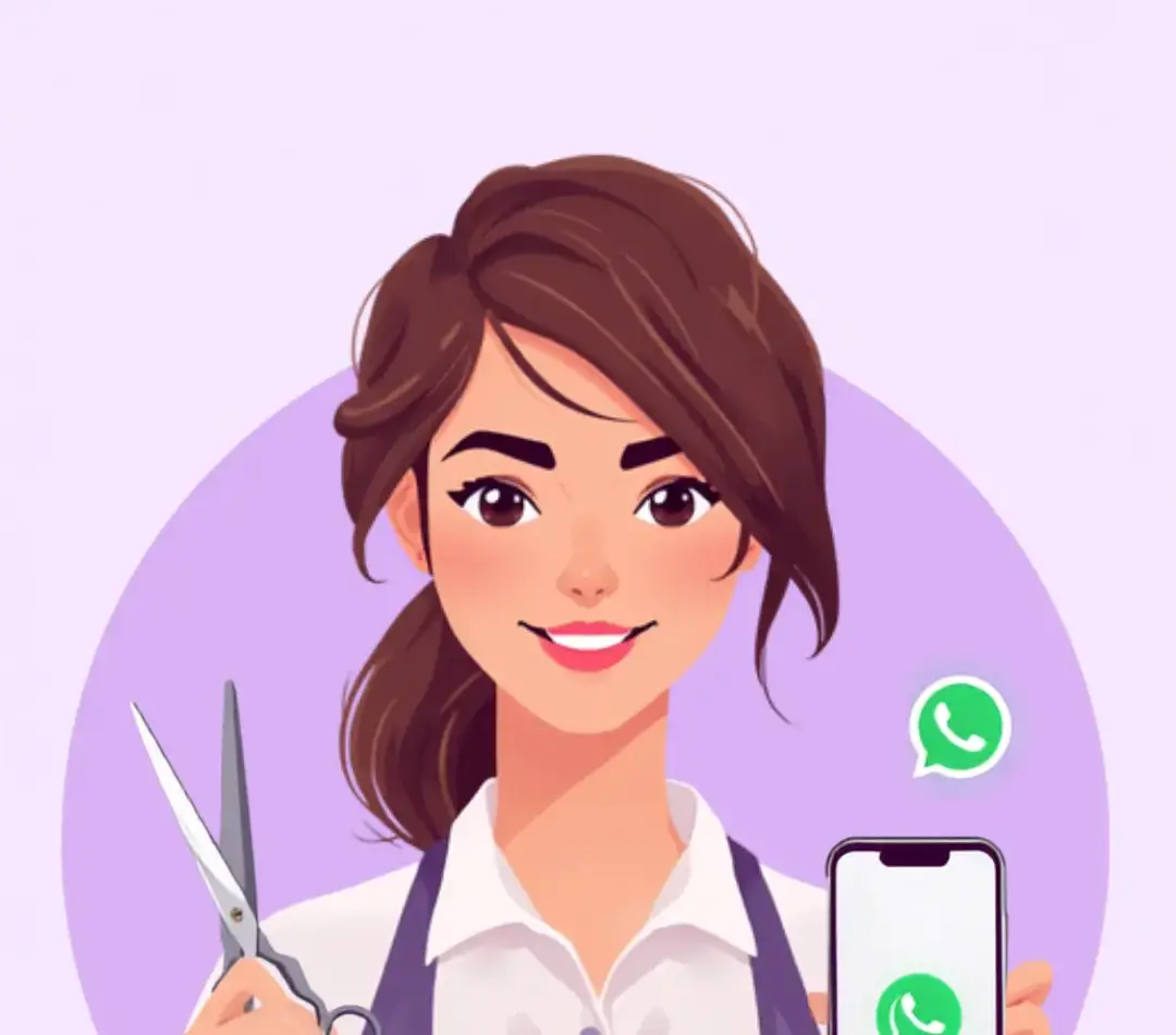 WhatsApp chat showing a salon appointment booking with stylist and time slot selection